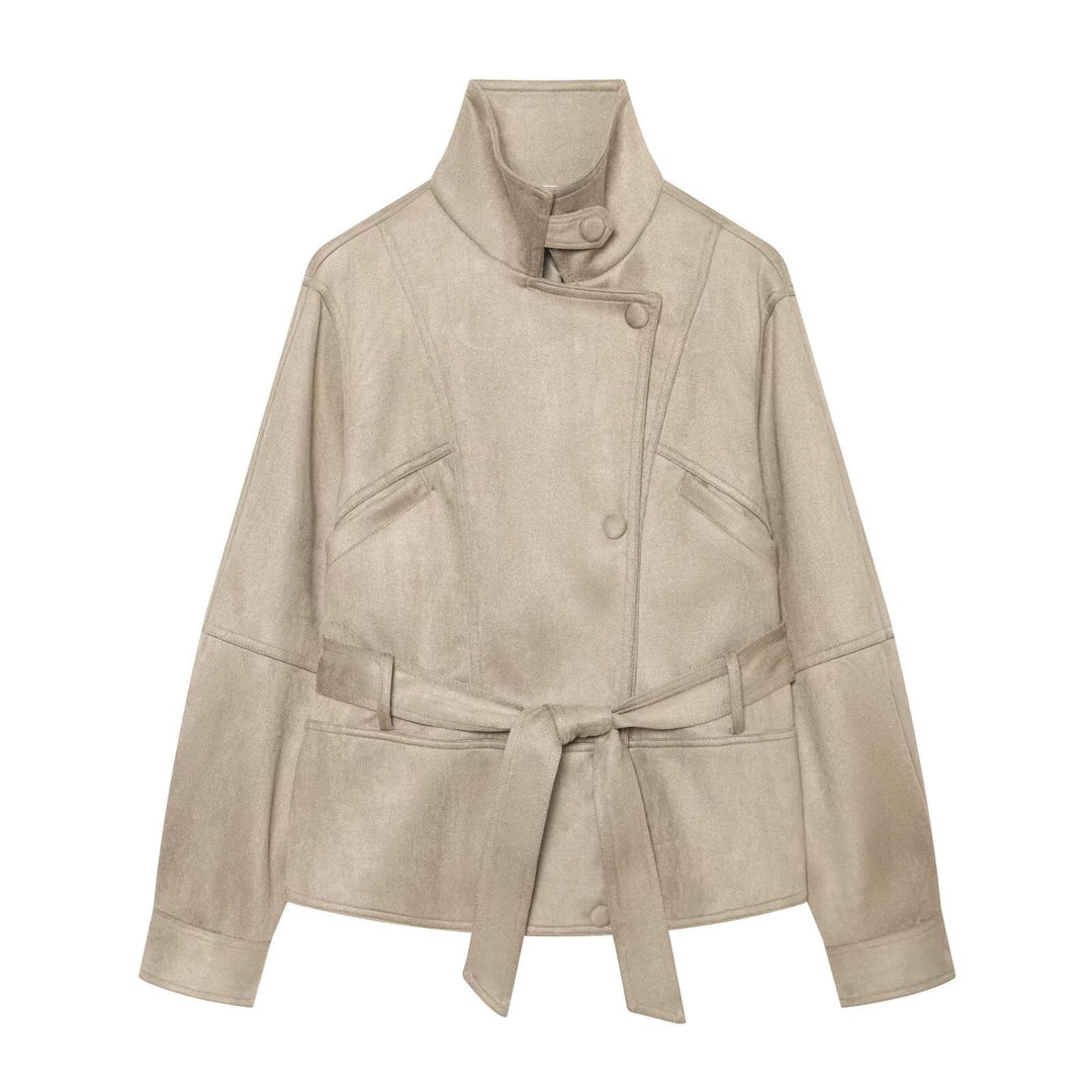 Women's tailored short jacket made of soft suede imitation with asymmetrical button placket and tie belt Amarae