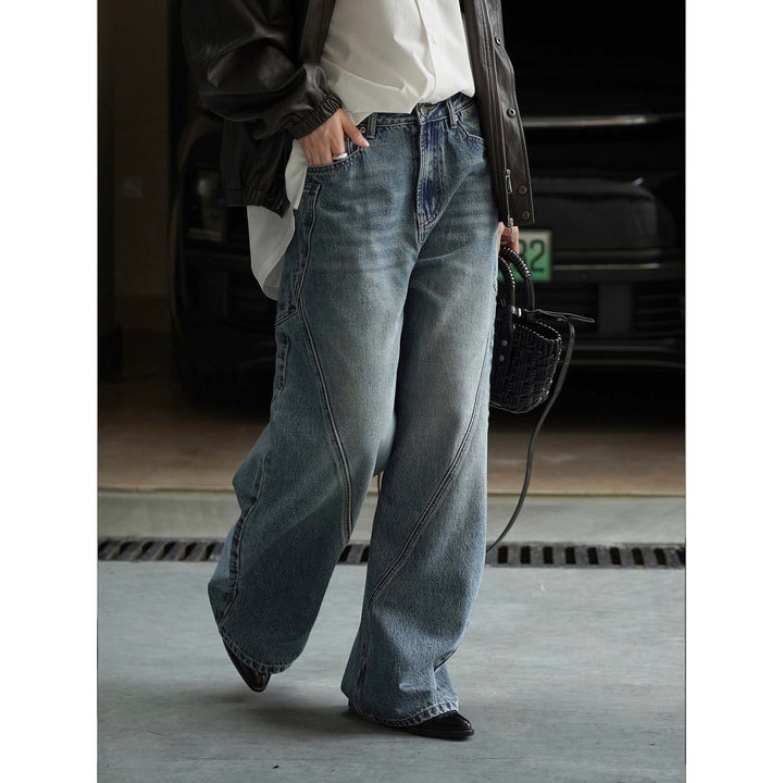 Women's High-Waisted Baggy Denim Pants with Curved Seam Details Amarae