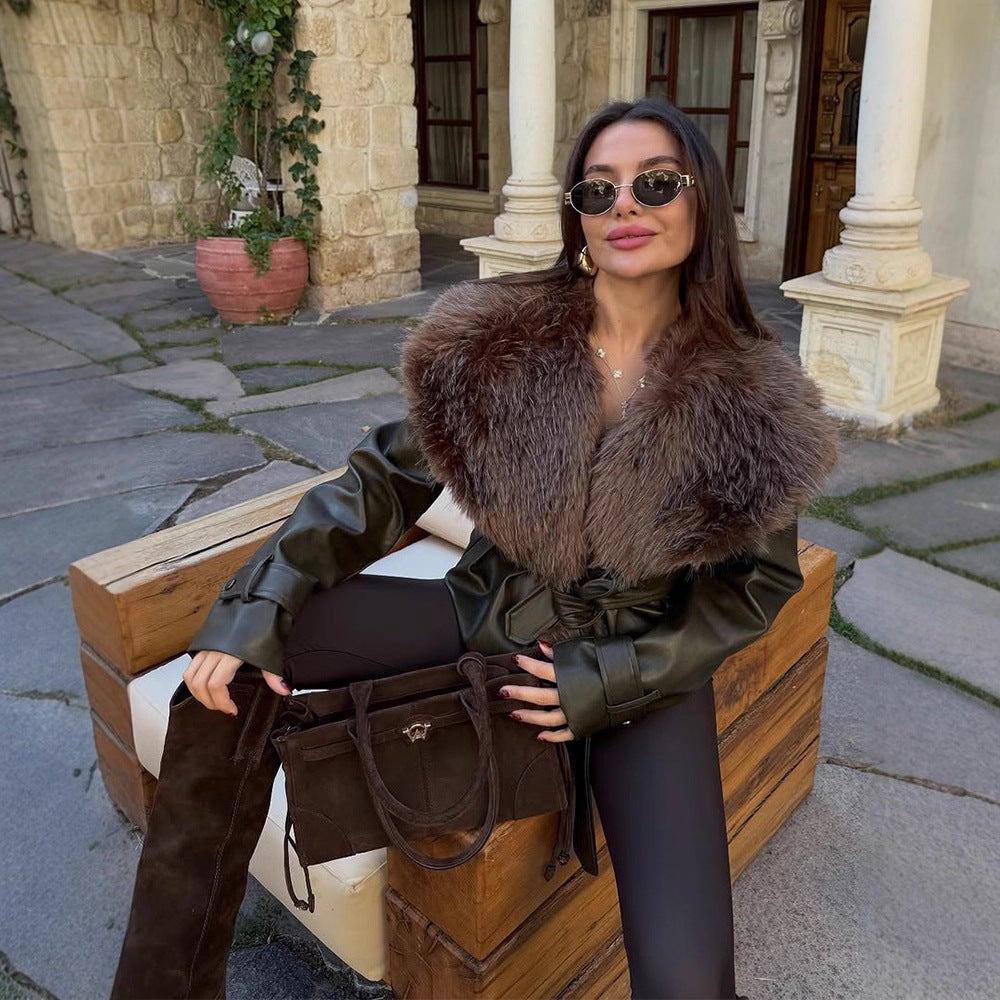 Women's tailored faux leather jacket with voluminous faux fur shawl collar and tie belt Amarae