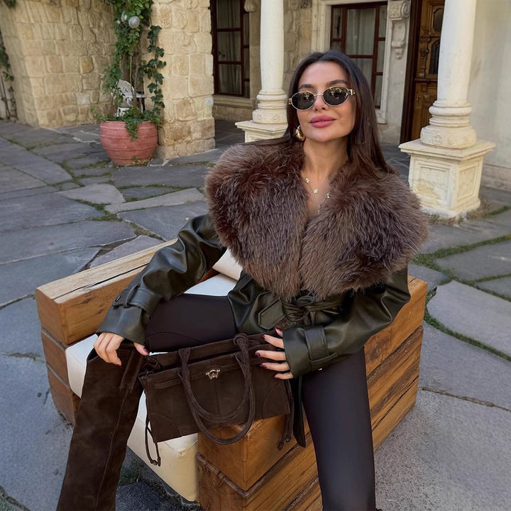 Women's tailored faux leather jacket with voluminous faux fur shawl collar and tie belt Amarae