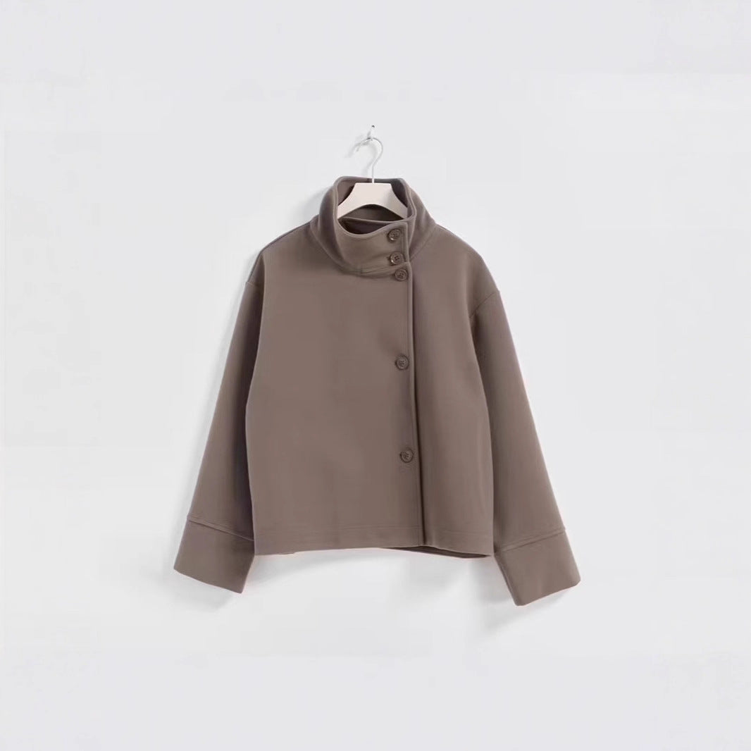 Women's short cut boxy jacket with stand-up collar and asymmetrical button placket Amarae