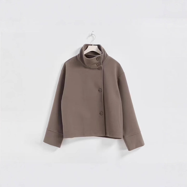 Women's short cut boxy jacket with stand-up collar and asymmetrical button placket Amarae