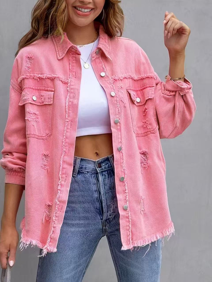 Stylish oversized denim jacket for women with distressed effect Lune London