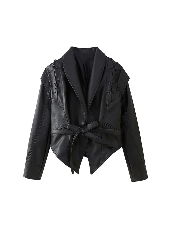 Trendy women's biker jacket with decorative lace details and an elegant waist Lune London