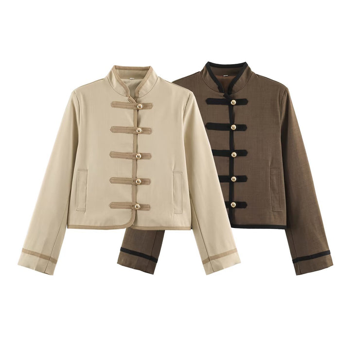 Women's short jacket in Mandarin style with decorative bow knots and contrast trim Amarae