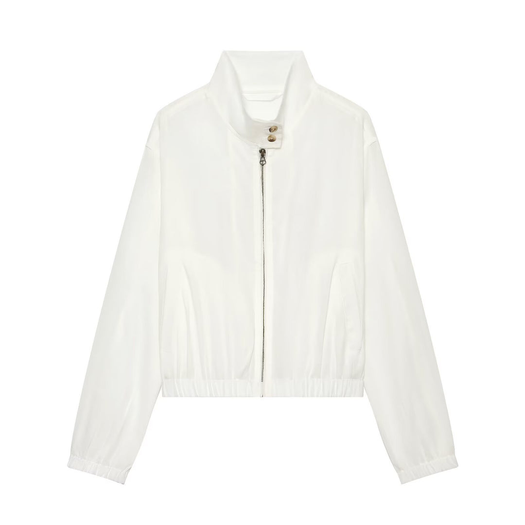 Women's Lightweight Windbreaker Bomber Jacket with Stand-Up Collar, Two-Way Zipper and Elastic Cuff