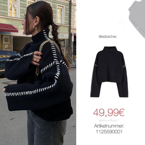 Pull en tricot stylé pour femmes avec des manches hautes et des coutures décoratives contrastées Chic & Stil