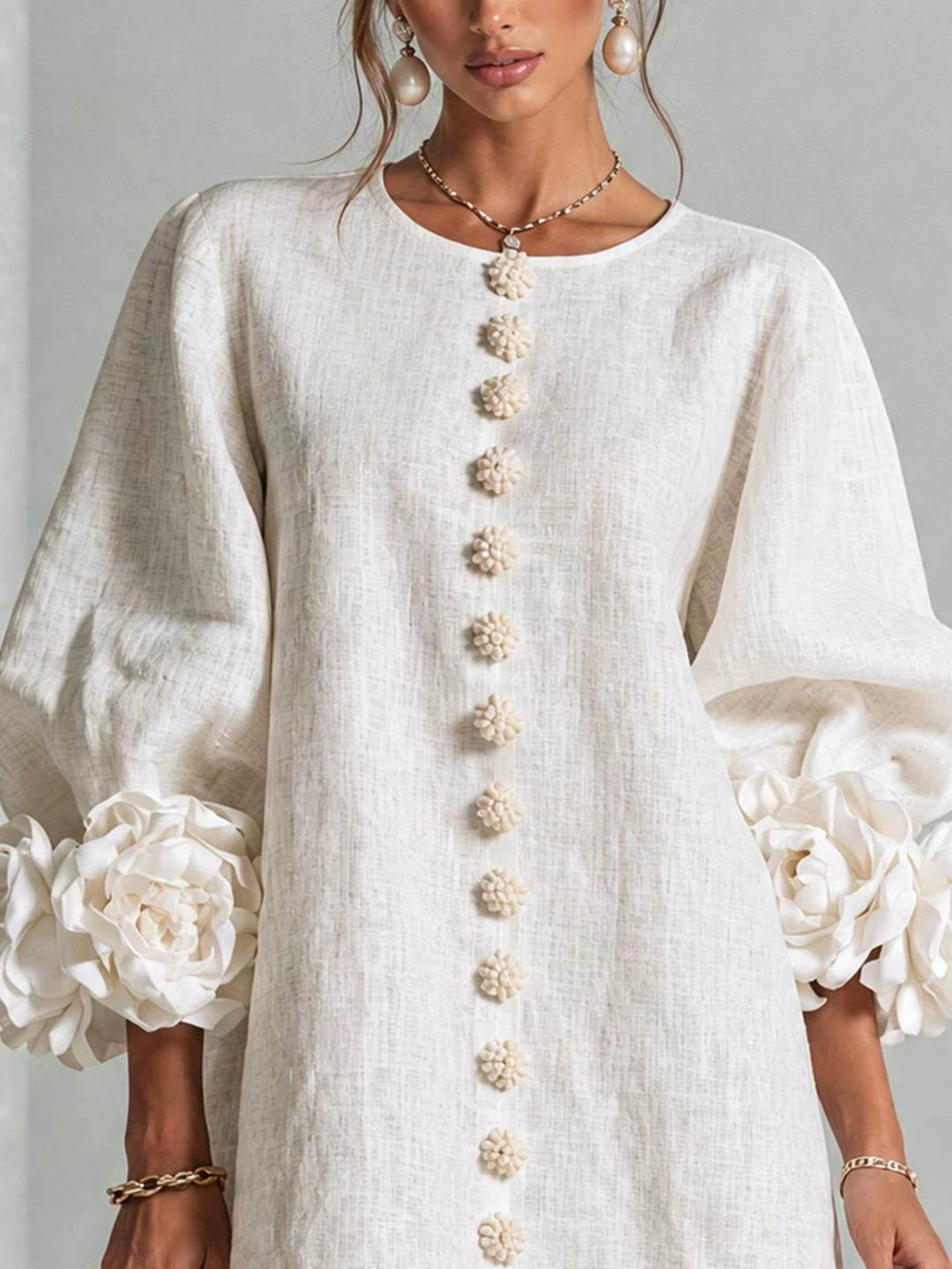 Ladies linen dress in A-line cut with balloon sleeves and 3D flower decoration Amarae
