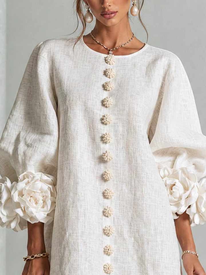 Ladies linen dress in A-line cut with balloon sleeves and 3D flower decoration Amarae