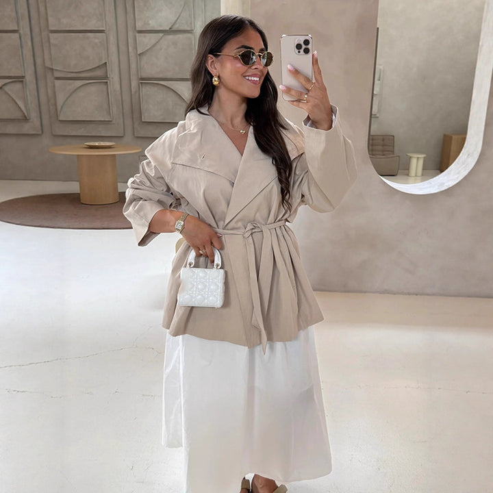 Women's wrap short jacket with tie belt, dropped shoulder and boxy silhouette Amarae