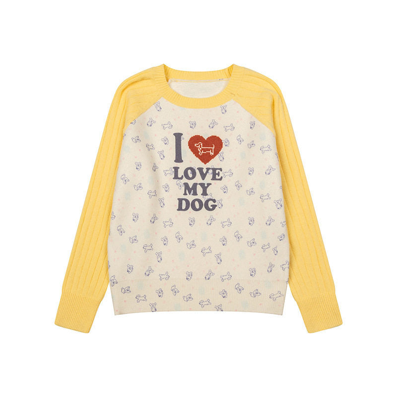 Women's knitted raglan sweater with heart dog motif, ribbed sleeves and all-over print Amarae