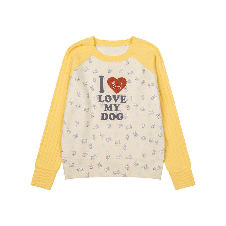 Women's knitted raglan sweater with heart dog motif, ribbed sleeves and all-over print Amarae