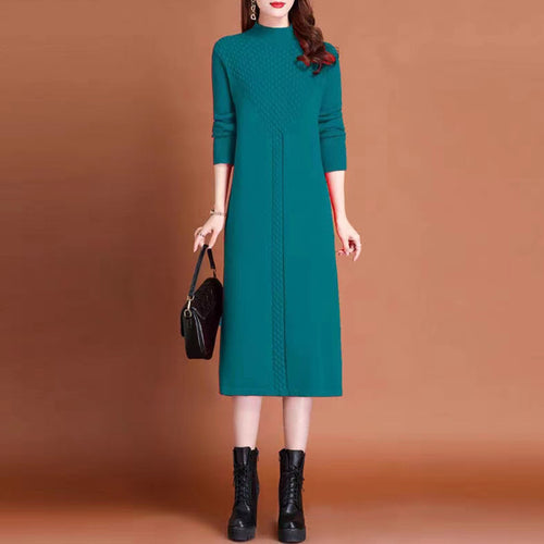 Maxi knit dress for women with high collar and elegant braided details Amarae