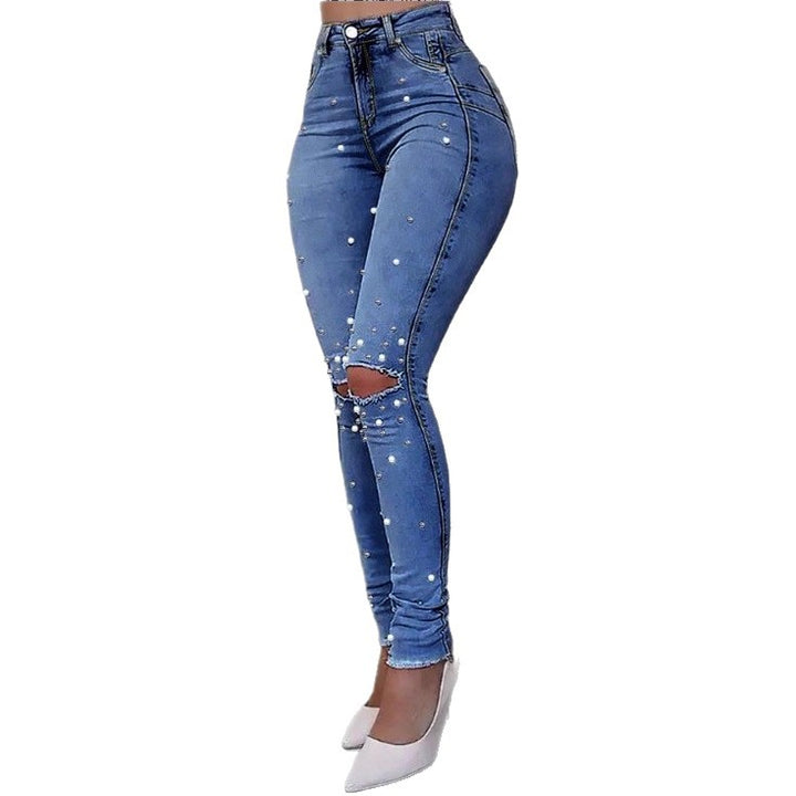 Women Pearl-Embellished High-Waist Skinny Jeans with Sculpting Fit Amarae