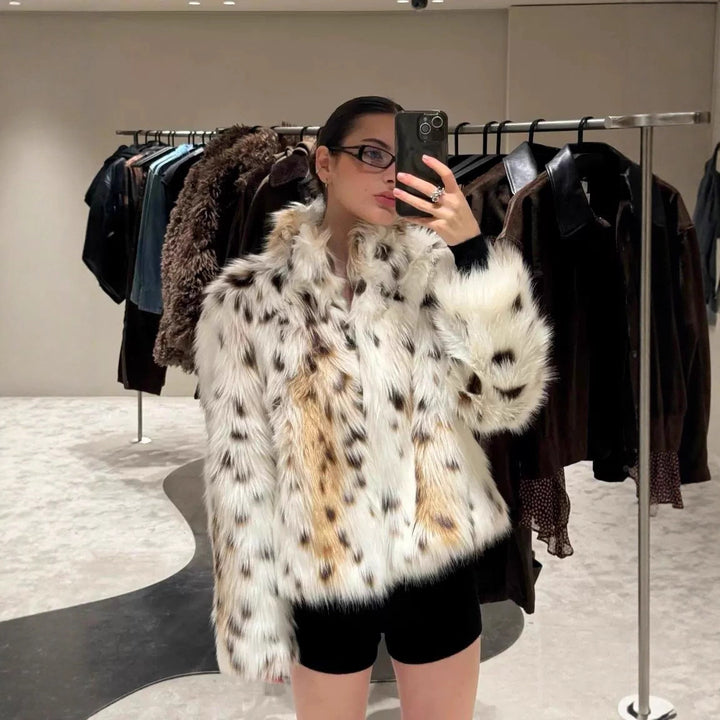 Ladies Leopard Print Plush Faux Fur Jacket Lune London