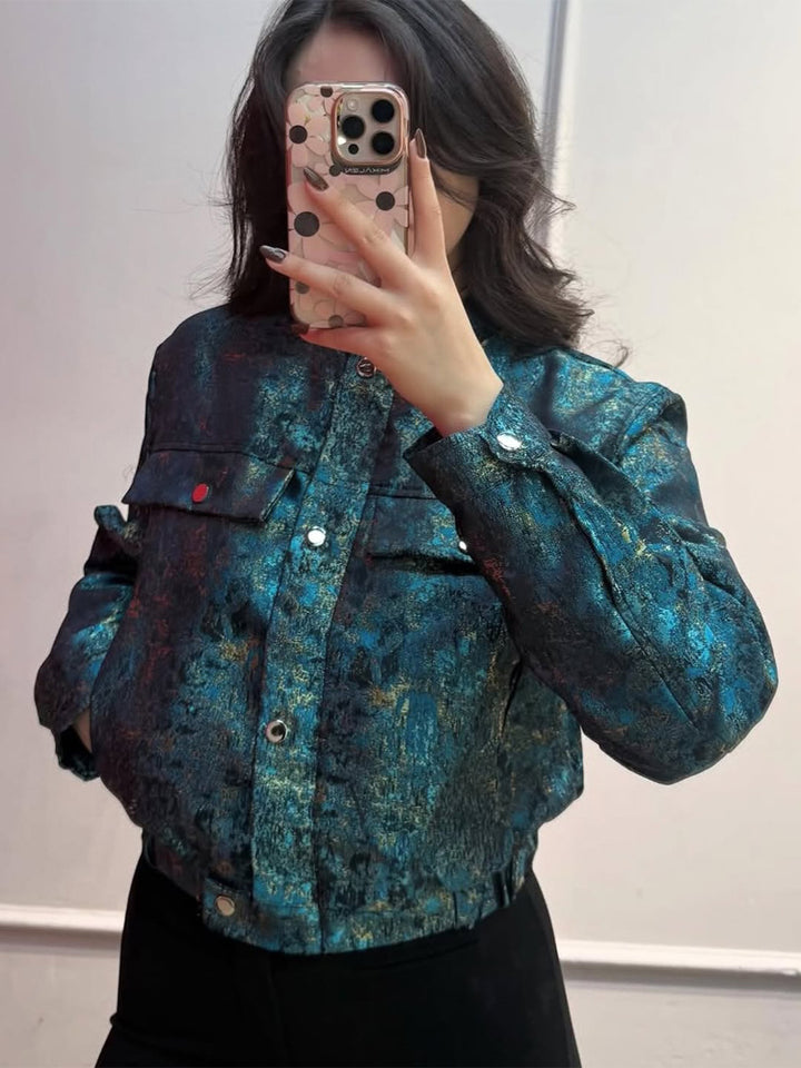 Women's Short Jacket in Metallic Jacquard with Snap Button Placket and Flap Pockets Amarae
