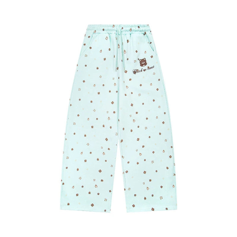 Women's Wide Lounge Pants in Culotte Style with Elastic Comfort Waistband and Cute Bear Print