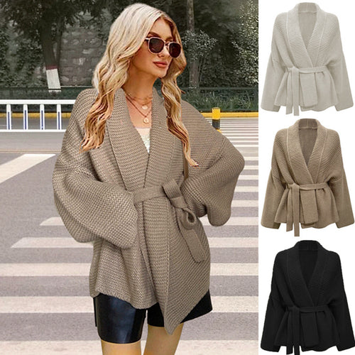 Women's chunky knit cardigan with a modern wrap design and a wide collar Amarae