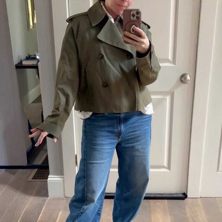 Women's Cropped Double-Breasted Trench Coat with Boxy Silhouette and Patch Pockets Amarae