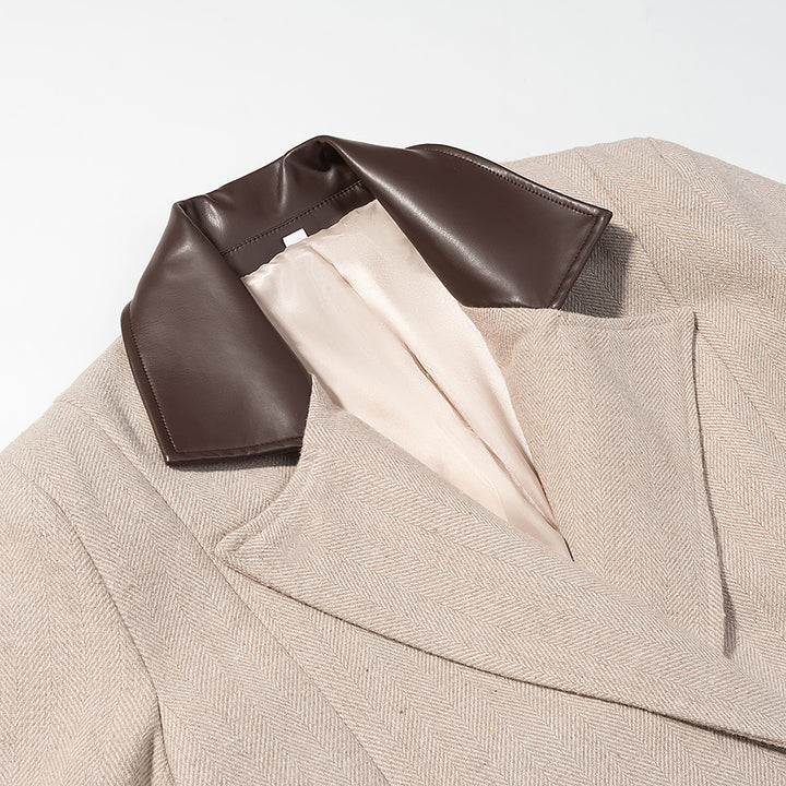 Women's Tailored Wool Blend Coat with Herringbone Structure, Contrasting Leather Collar and Tie Belt Amarae