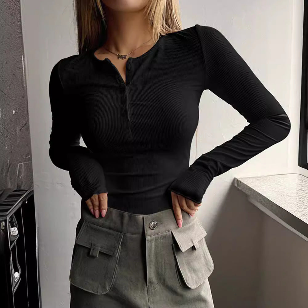 Flattering long sleeve button-up blouse for women with button placket Lune London