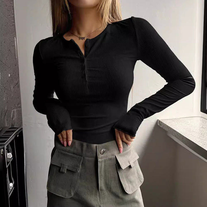 Flattering long sleeve button-up blouse for women with button placket Lune London