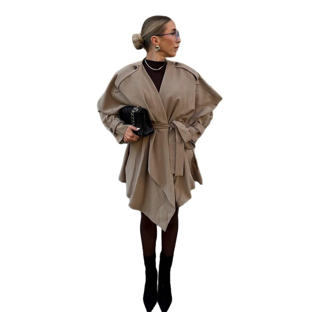Women's Short Asymmetrical Wrap Coat with Ruffle Overlay and Tie Belt Amarae