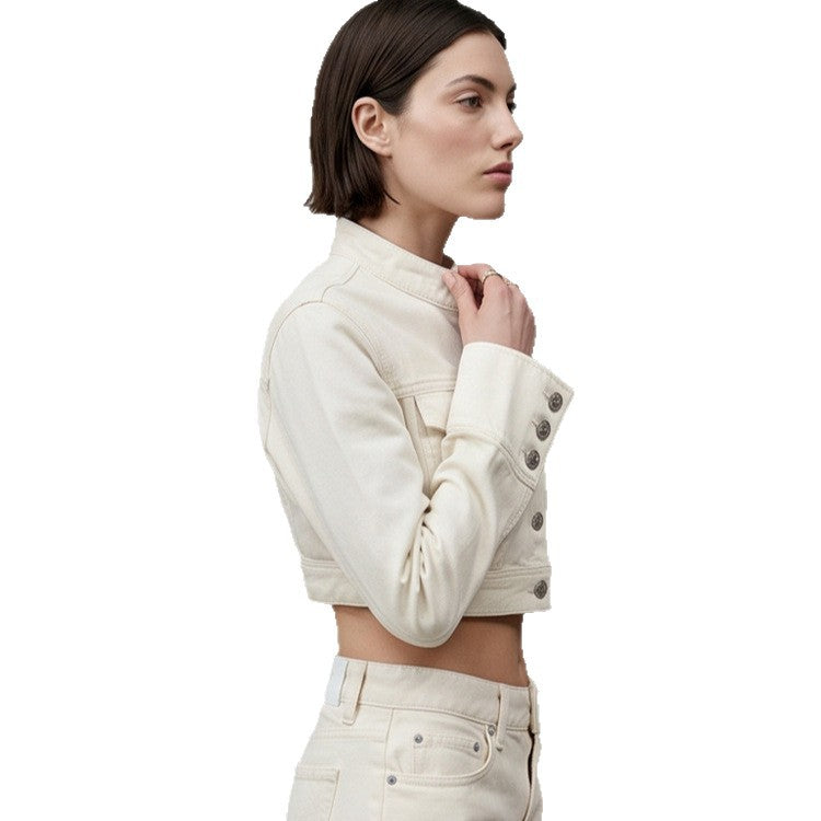 Women Short Cut Cropped Denim Jacket with Stand-up Collar, Chest Pockets and Extended Cuffs Amarae