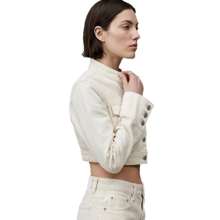 Women Short Cut Cropped Denim Jacket with Stand-up Collar, Chest Pockets and Extended Cuffs Amarae