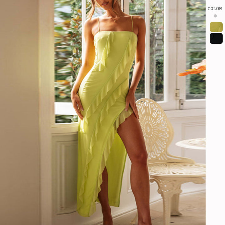 Women's maxi skirt with playful ruffle design and high slit Lune London