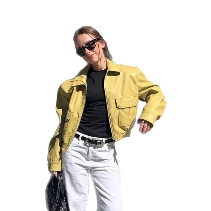 Women's short boxy faux leather jacket with patch pockets and zip Amarae