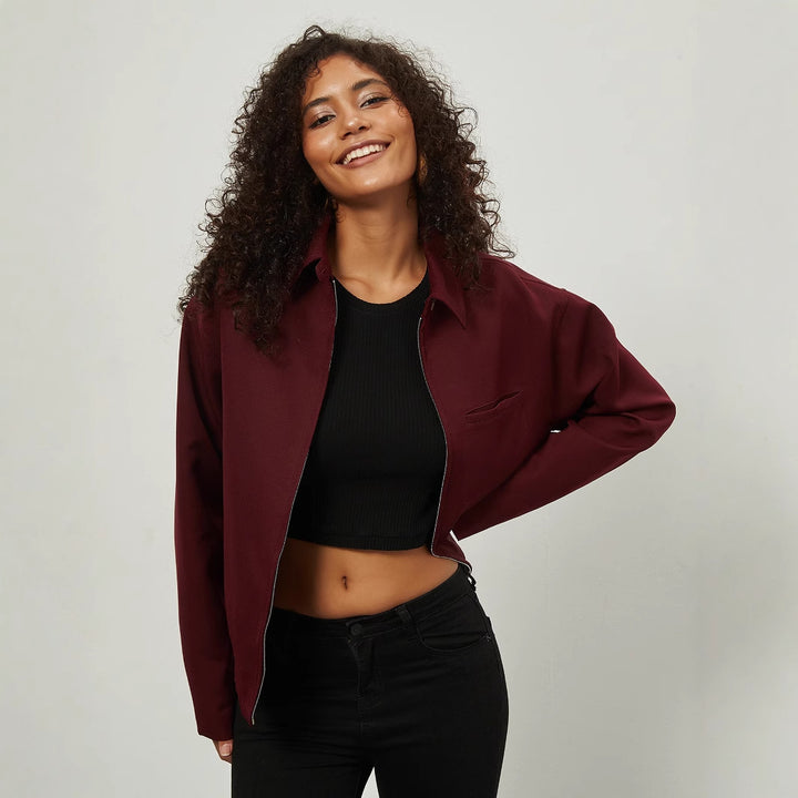 Women's Boxy Overshirt Jacket with Metal Zipper and Shirt Collar Amarae