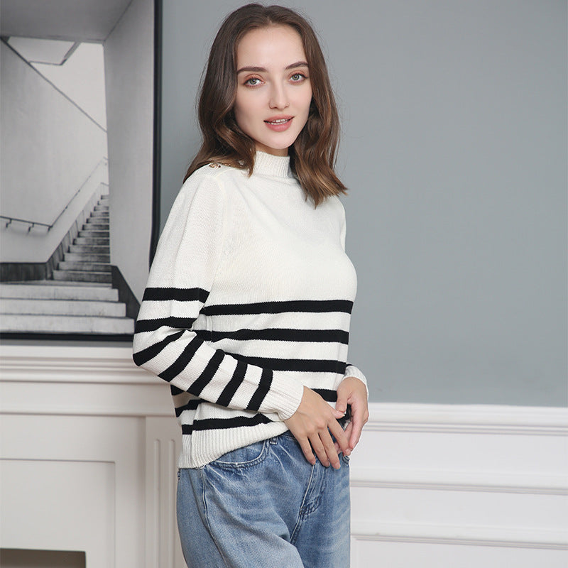 Fashionable knitted sweater for women with striped pattern and button details Lune London