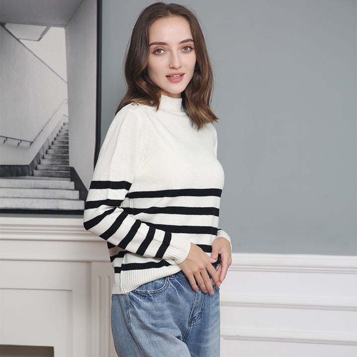 Fashionable knitted sweater for women with striped pattern and button details Lune London