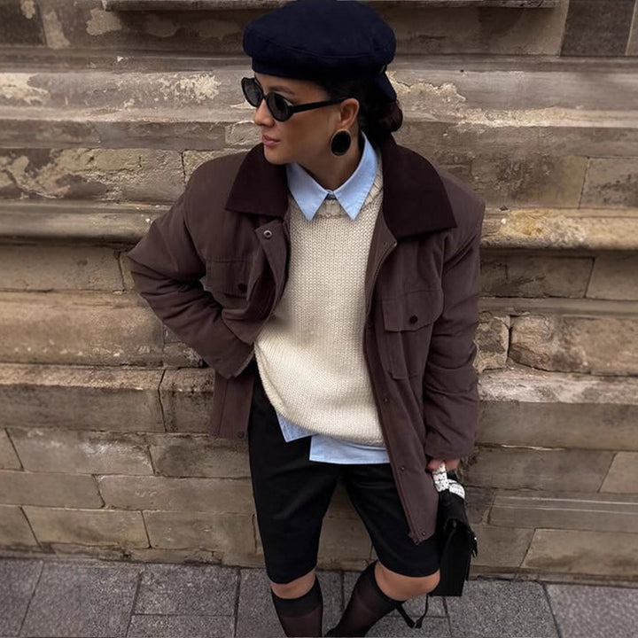 Women's Boxy Utility Short Coat with Contrast Collar and Patch Pockets Amarae