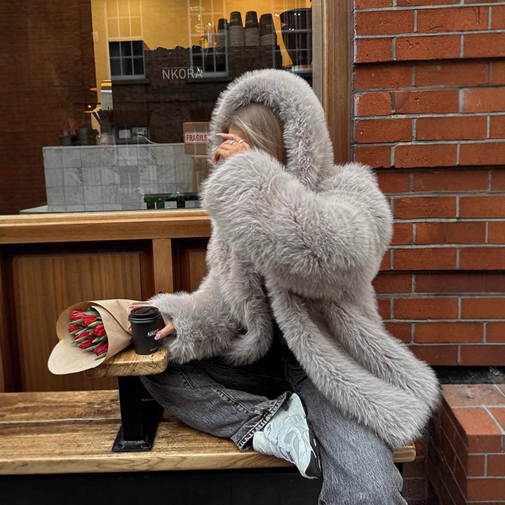 Women's Cozy Short Faux Fur Jacket with Extra Voluminous Hood Amarae