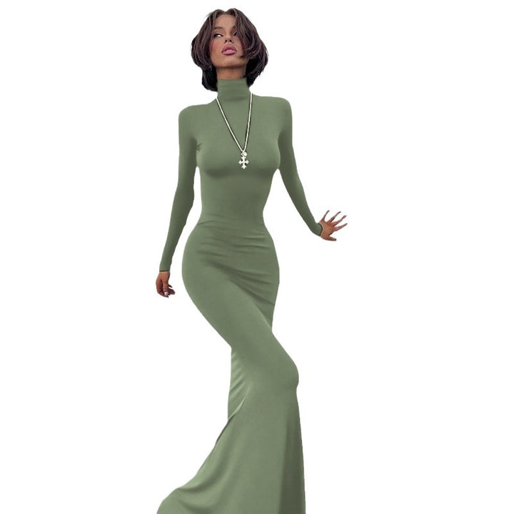 Ladies Elegant Maxi Dress with High Collar and Chic Fitted Cut
