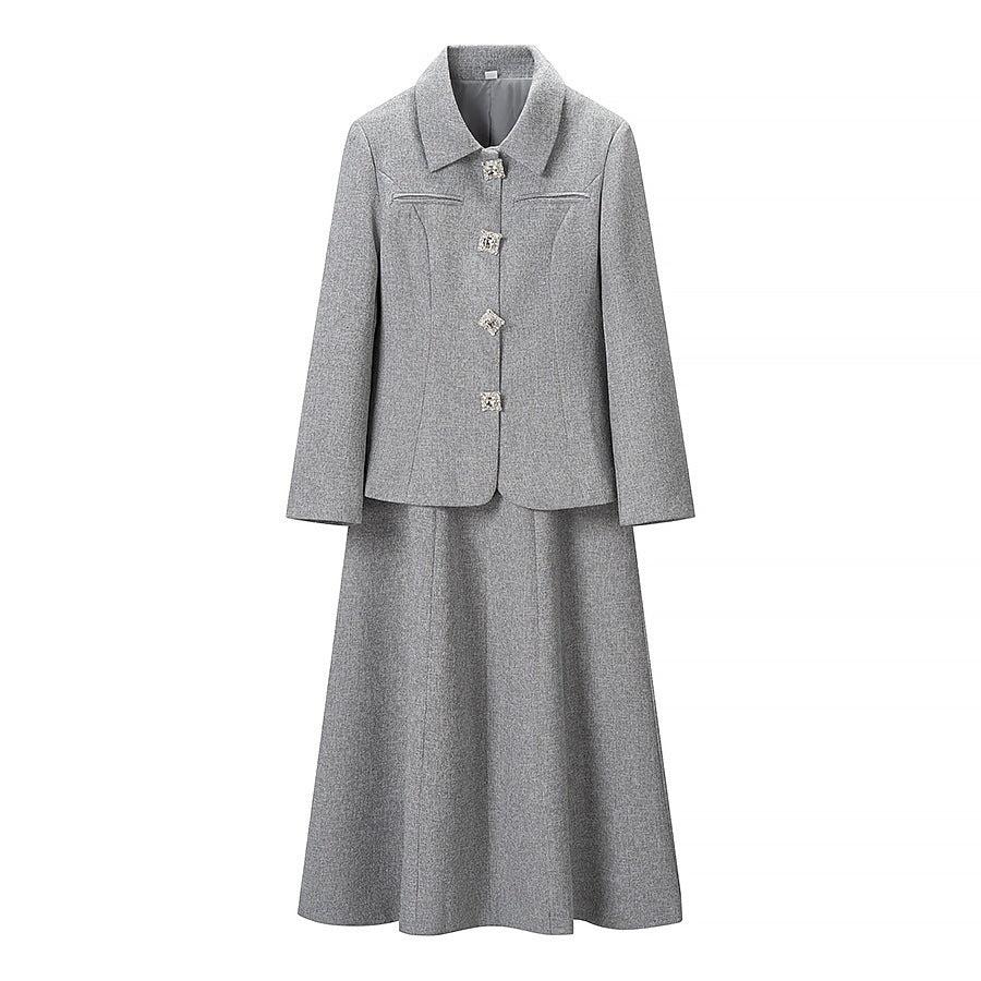 Ladies Two-Piece Boucle Tweed Set with Fitted Button Blazer and Flared Midi Skirt Amarae
