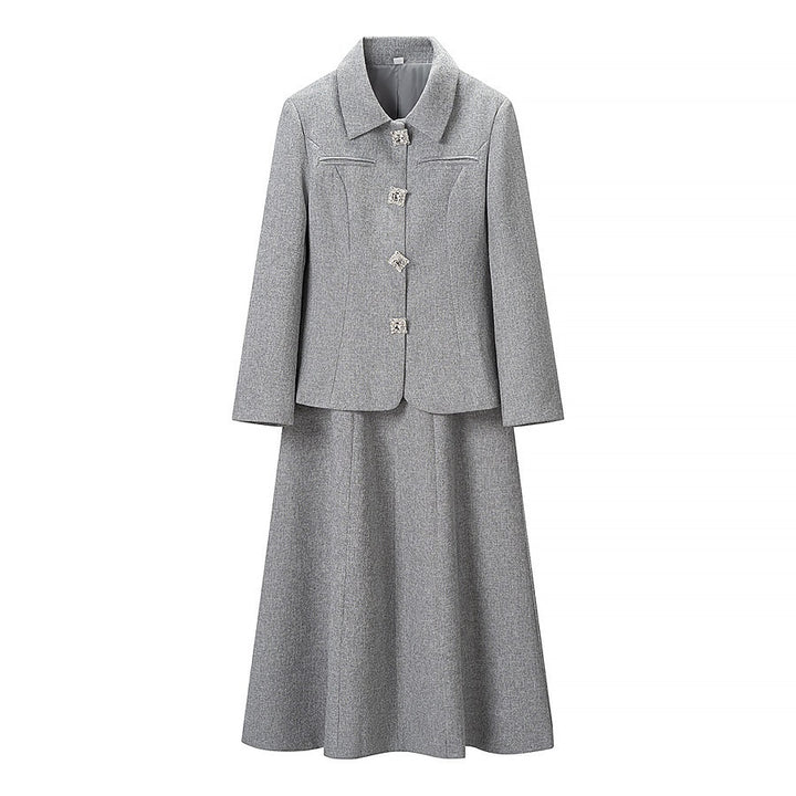 Ladies Two-Piece Boucle Tweed Set with Fitted Button Blazer and Flared Midi Skirt Amarae