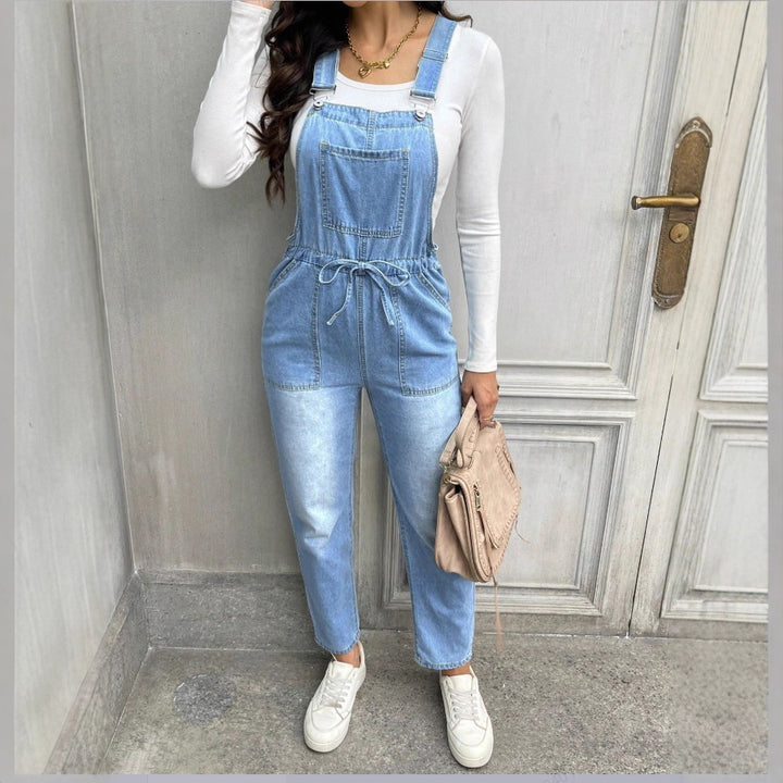 Ladies' overall-style bib pants with drawstring waistband and straight leg Amarae