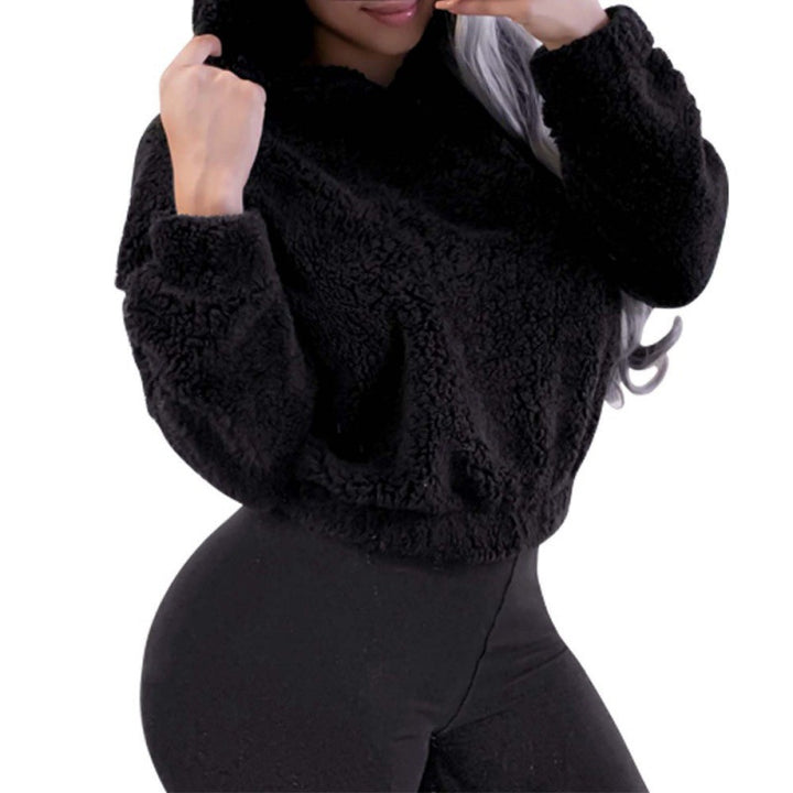 Women's Short Hooded Sherpa Pullover with Kangaroo Pocket and Elastic Hem Amarae