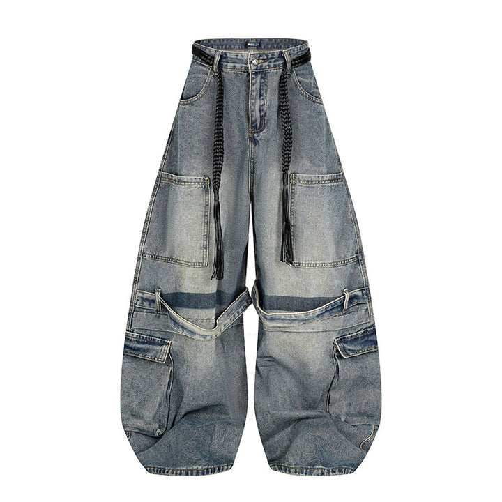 Women's wide denim cargo pants in balloon cut with large patch pockets and braided belt Amarae