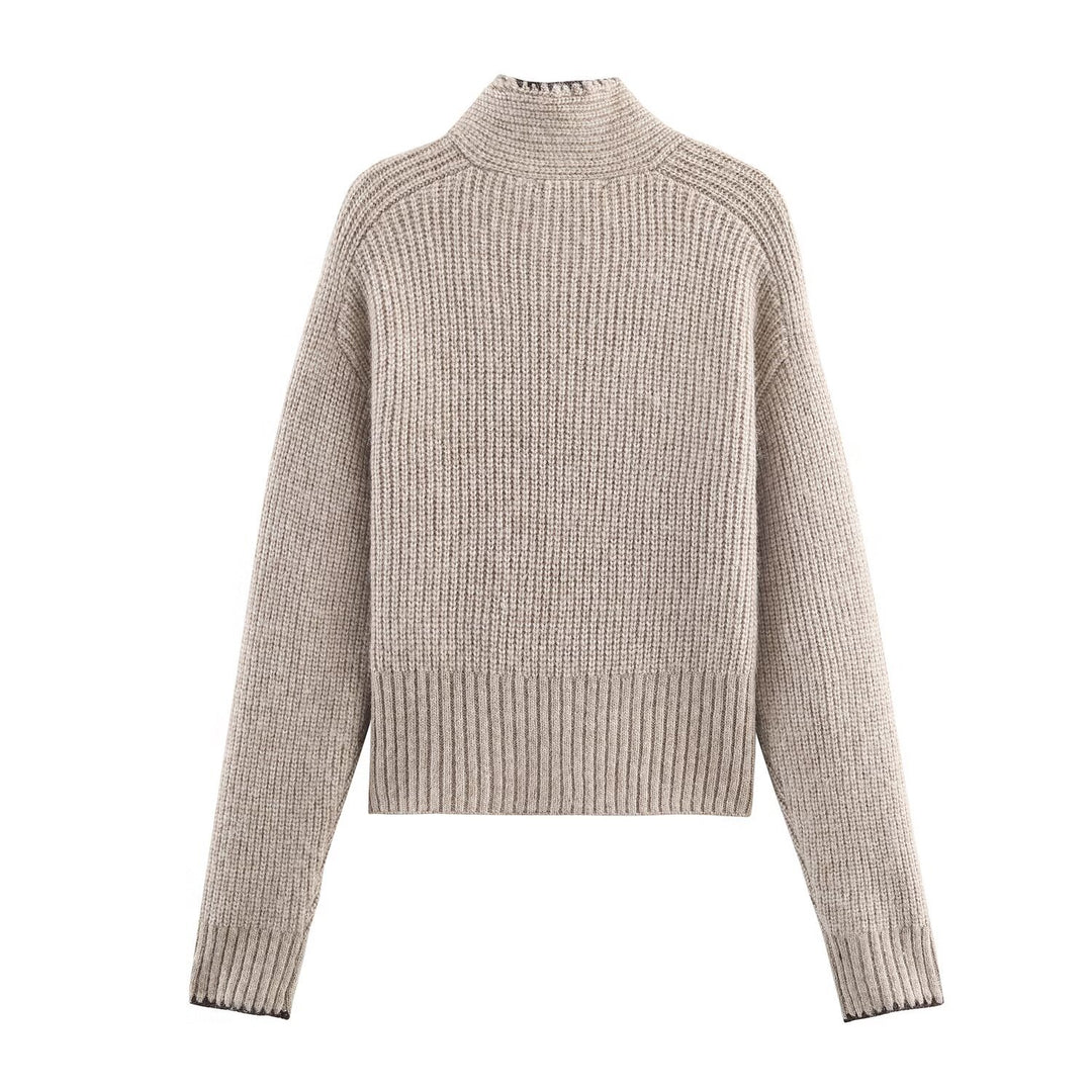 Women's Short-Cut Ribbed Knit Sweater with High Collar and Integrated Knot Scarf Amarae