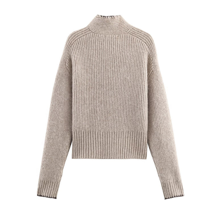 Women's Short-Cut Ribbed Knit Sweater with High Collar and Integrated Knot Scarf Amarae