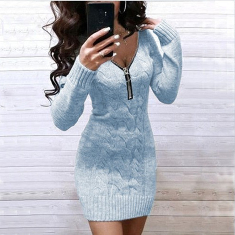Ladies Knit Dress with Zipper and Cable Pattern Lune London