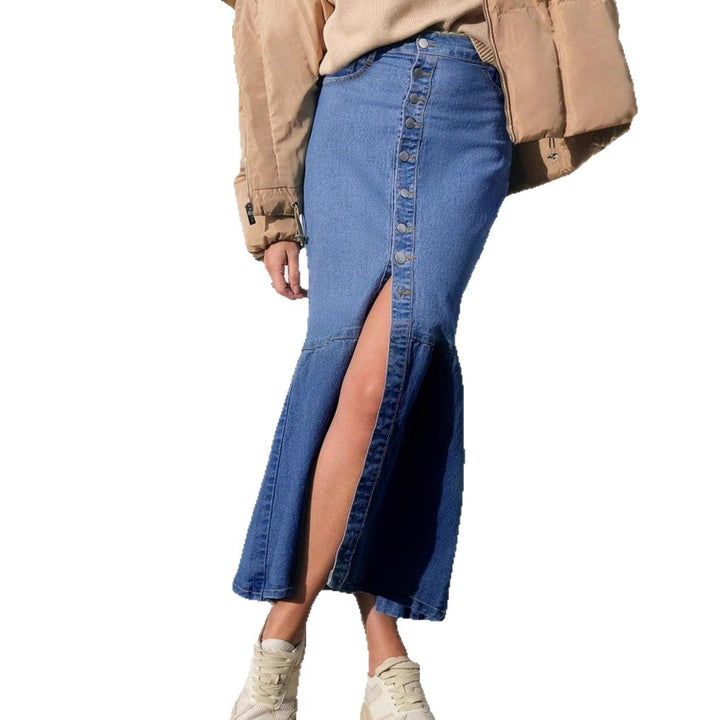 Women High-Waisted Maxi Denim Skirt with Continuous Button Placket and High Front Slit Amarae