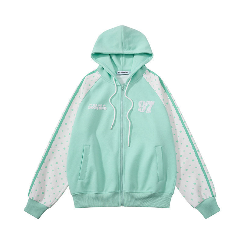 Women's hooded sweatshirt jacket with full zipper, raglan sleeves, and polka dot inserts Amarae