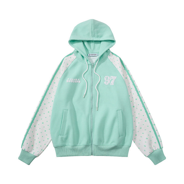 Women's hooded sweatshirt jacket with full zipper, raglan sleeves, and polka dot inserts Amarae