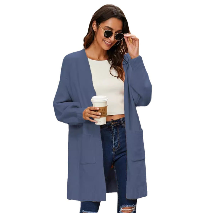 Ladies long sleeve cardigan with open front and deep pockets Lune London