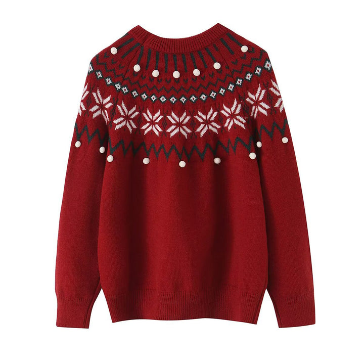Women's knit sweater with Norwegian border and attached decorative pompons Amarae